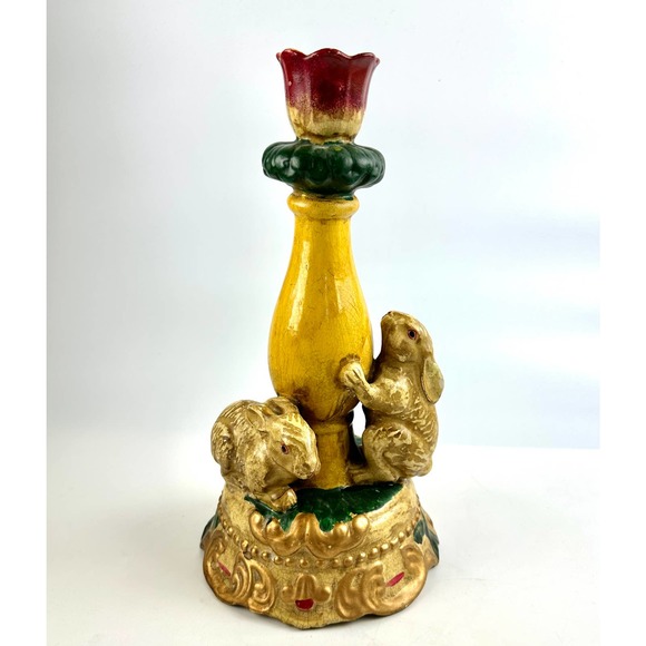 Vintage Bunny Rabbits Candle Stick Holder Rustic Whimsical Green Yellow Beige - Picture 1 of 10